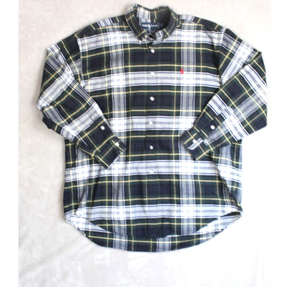 Ralph Lauren Polo Big Shirt Mens Large Green Plaid Preppy Vintage Oxford 90s Y2K